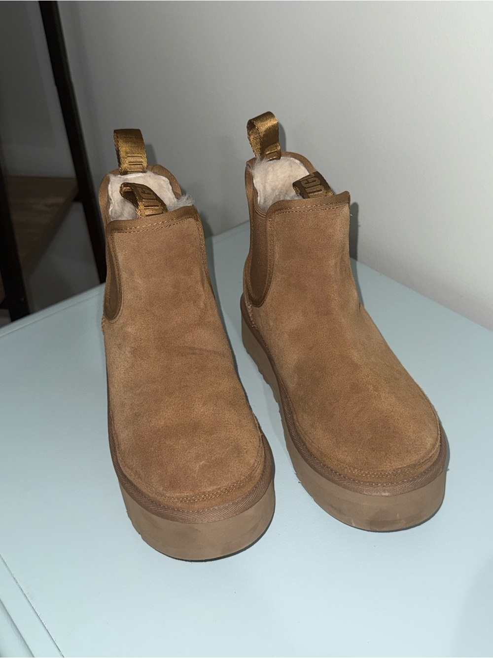 UGG Chestnut Suede Chelsea Boot with Shearling Collar